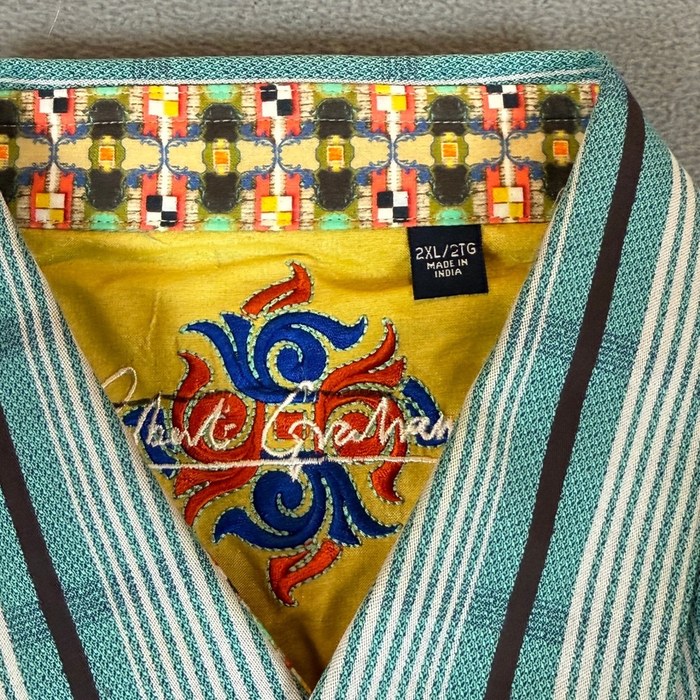 Robert Graham Shirt Mens 2XL Teal Stripe Silk Trim NWOT Knowledge Wisdom Truth - Picture 12 of 16